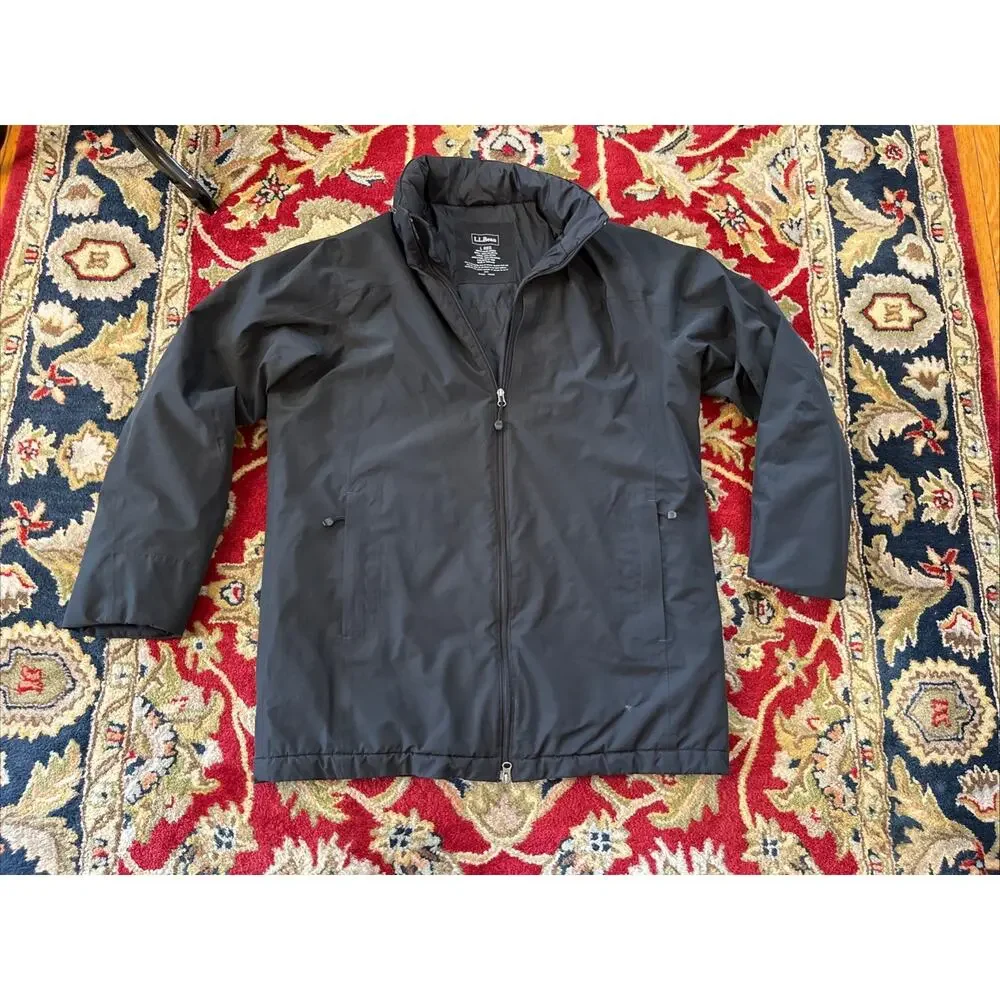 LL Bean Mens L Reg Storable Hood Parka Primaloft Full Zip Jacket Black